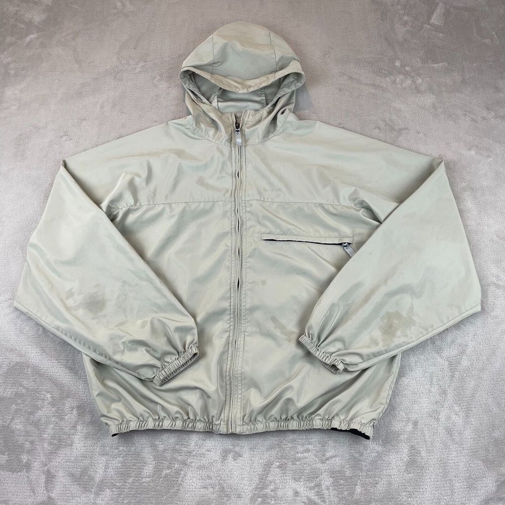 Simms Fishing‎ Jacket Men Large Beige Full Zip Hooded Windbreaker Elastic Waist